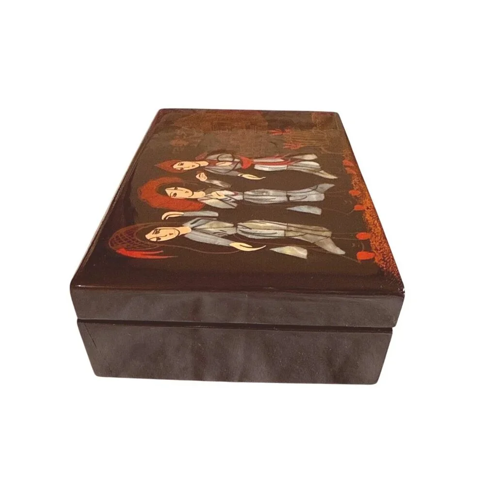 Japanese Black Lacquer Jewelry Box With Mother Of Pearl Inlay & Red Velvet Inter